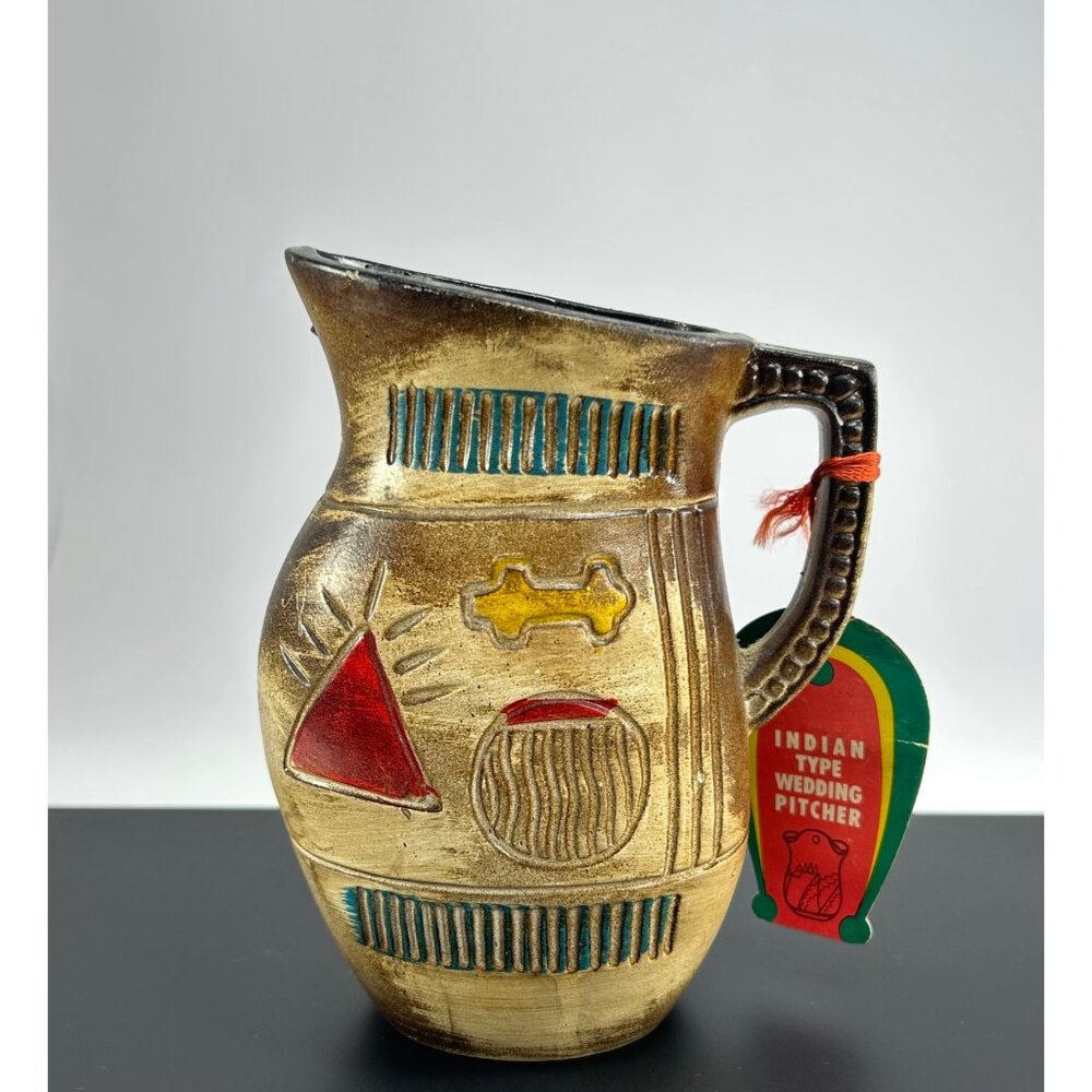 VTG Indian Type Wedding Pitcher Earthenware Hand Painted Geometric Wedding Gift